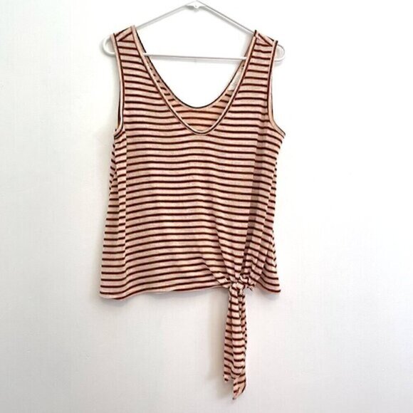 LUSH White Orange Black Striped V-Neck Sleeveless Tie Front Boho Knit Tank Top M - Picture 1 of 10